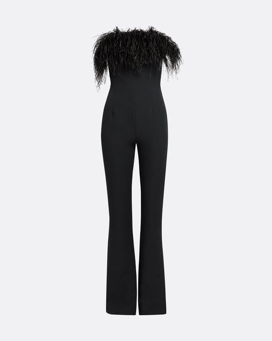 Myrine Black Feather-trimmed Jumpsuit