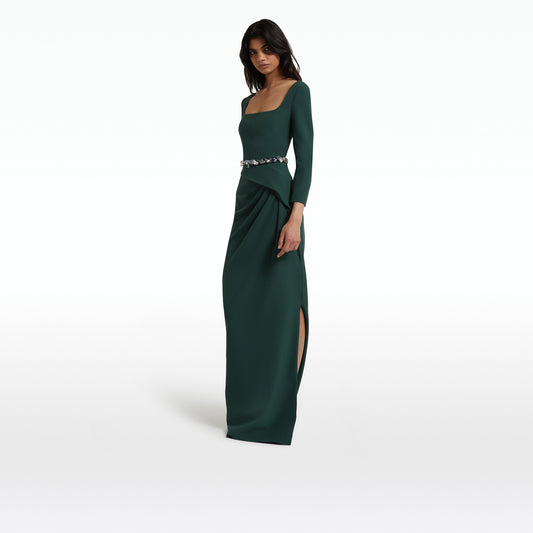 Mahir Darkest Spruce Long Dress With Embroidered Belt