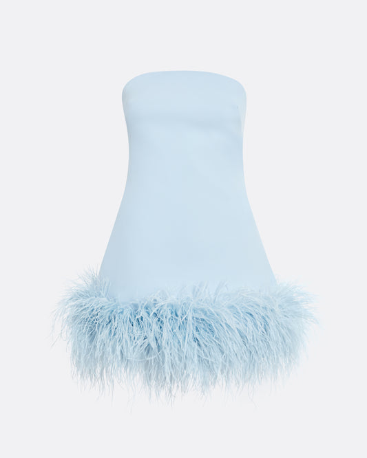 Rowan Pale Blue Feather-Trimmed Short Dress