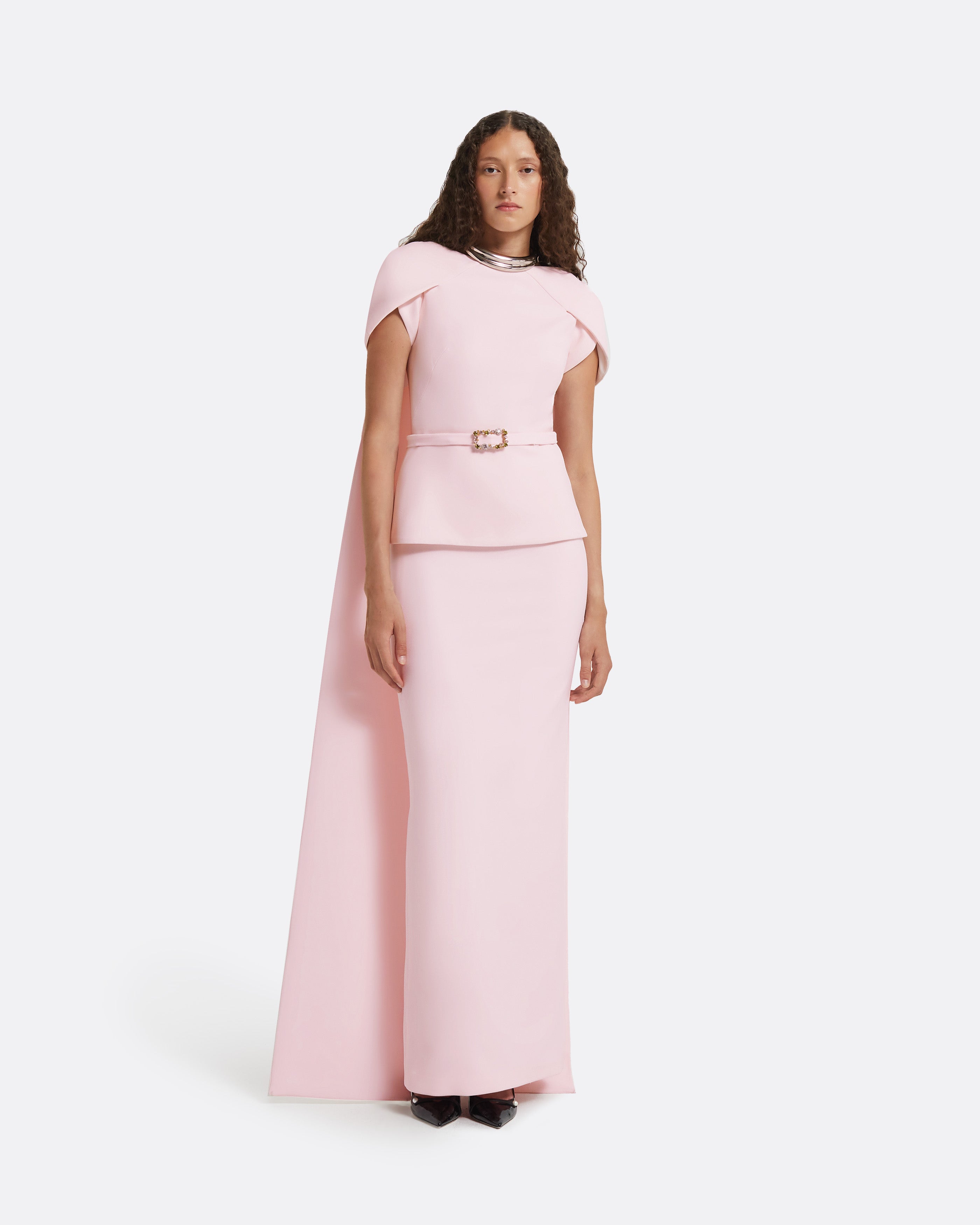 Erkin Barely Pink Long Dress With Embroidered Belt