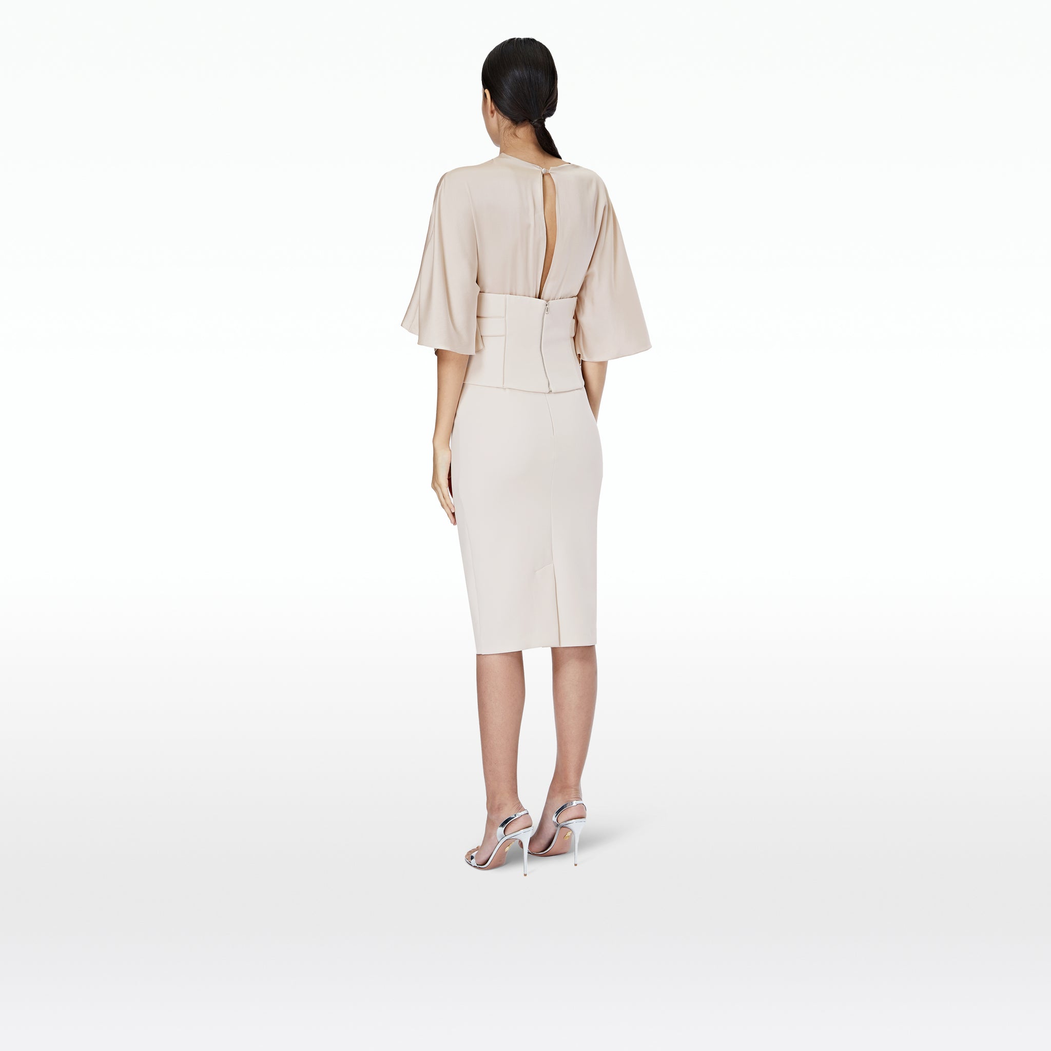 Ionie Belted White Sand Midi Dress – Safiyaa London